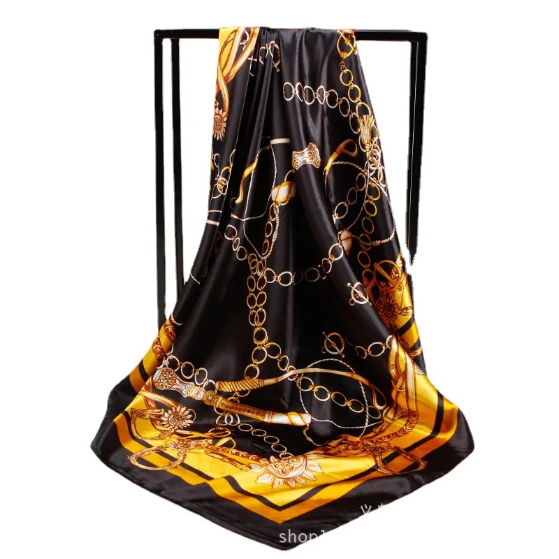 

Muslim head scarf Black female satin silk scarf foreign trade printed tinted buttocks imitation silk generous scarf