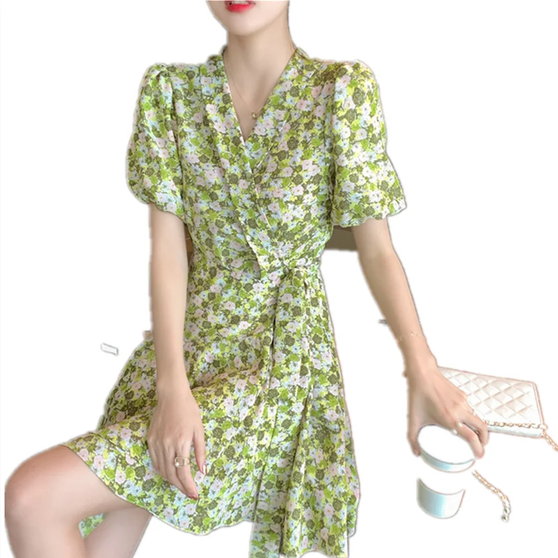 

Korean Chiffon Women Dress Women Short Puff Sleeve Dresses Woman Natural Wasit Satin Dress Woman V-Neck Floral Dresses Plus Size