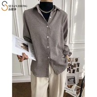 women shirts long sleeve blouse 2021 spring summer vintage herringbone dog tooth tops turn down collar buttons loose midi french