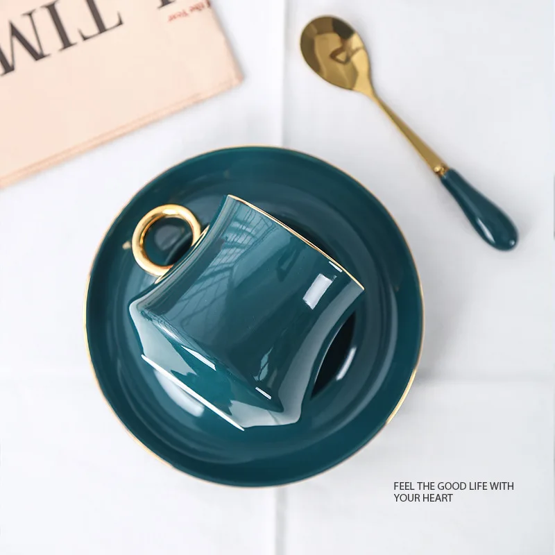 

New Green European Style Ceramic Cup With Golden Handle Coffee Milk Water Tea Cup Decorative Household Party Cup