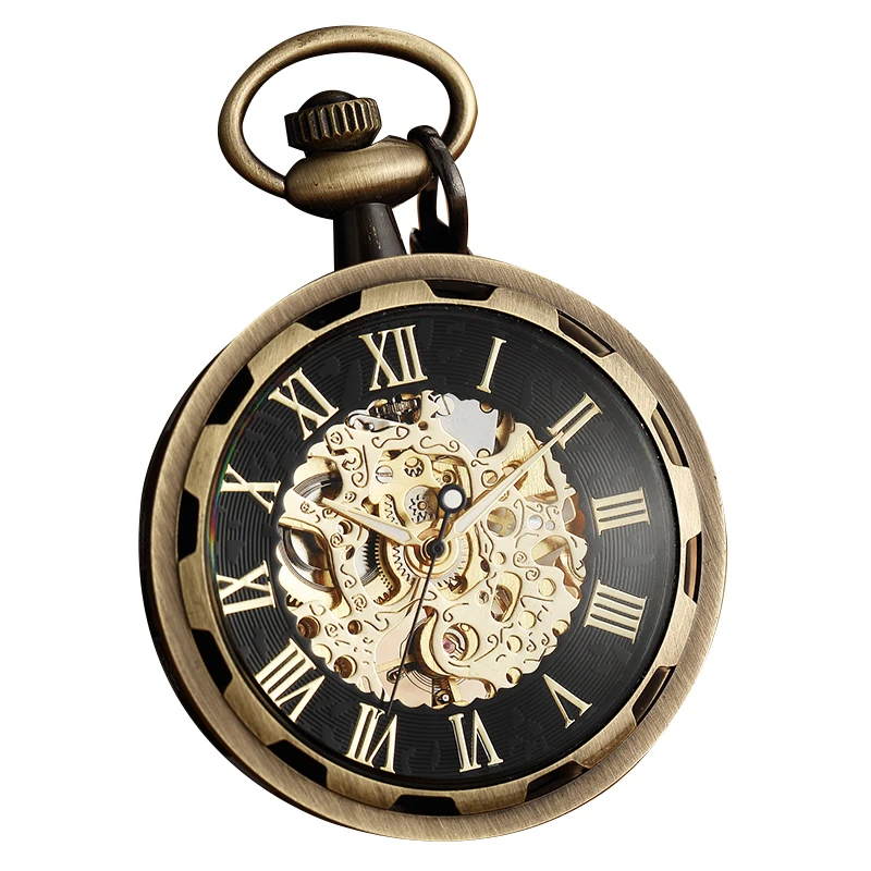 Old Mechanical Pocket Watch with Roman Numerals Number Skeleton Dial Fob Chinese Clock with Gift Box for Men Gifts Dropshipping