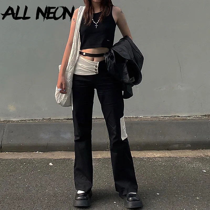 

ALLNeon Mall Goth Patchwork Buttons Black Trousers E-girl Aesthetics Ruched High Waist Full Length Straight Pants Grunge Punk