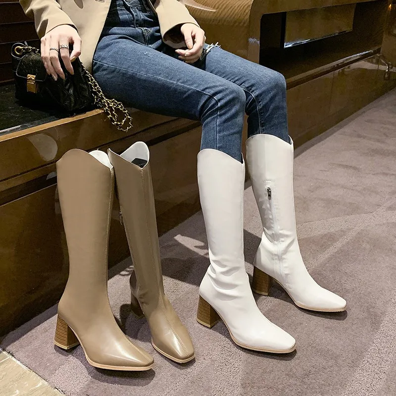 

Женские длинные сапоги, осенние женские сапоги до колена на платформе, сапоги Челси из натуральной кожи, нескользящая зимняя черная обувь 2021