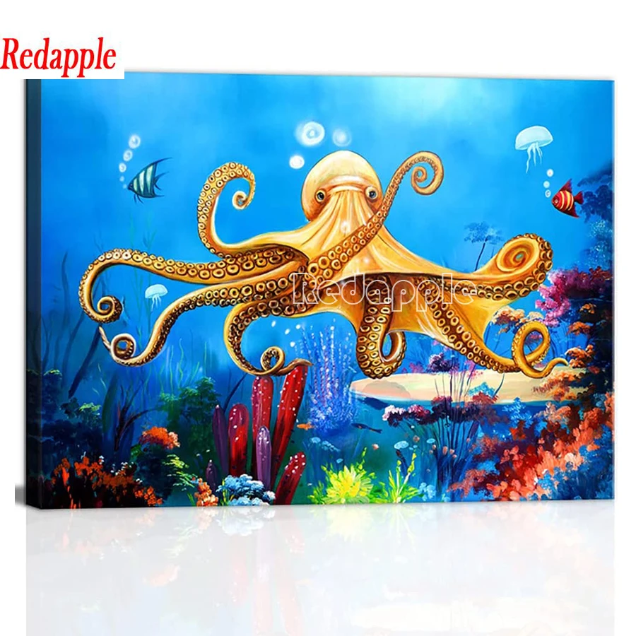 

Watercolor Octopus Fish Blue Seascape Diy Diamond Painting Full Square Round Diamond Embroidery cartoon animal Rhinestone Mosaic