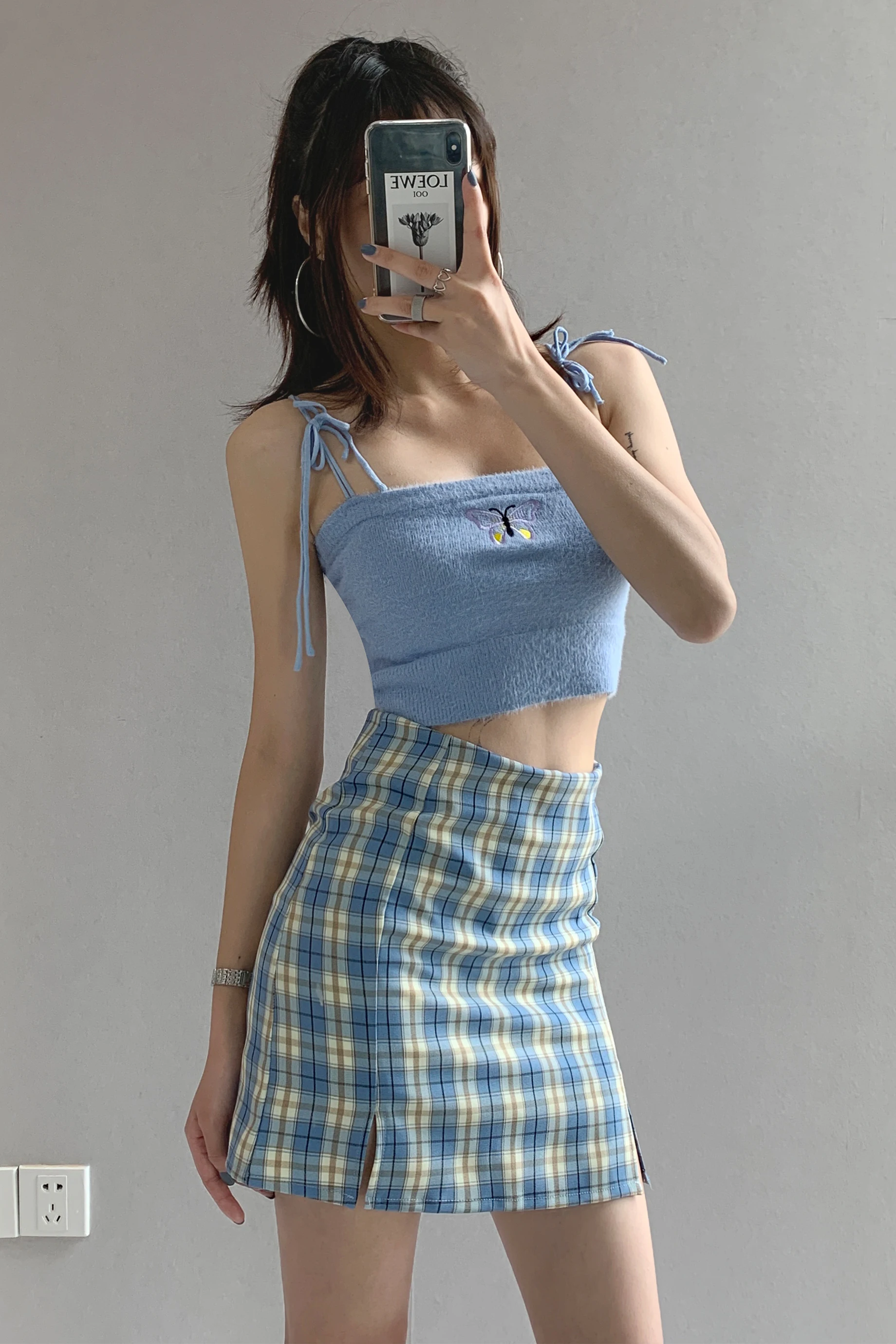 2021 summer butterfly embroidered T-shirt small sling French girl's corded open navel vest top women's fashion