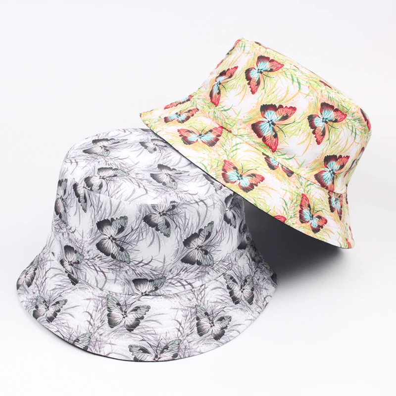 

New Women Bucket Hat Butterfly Prin Cotton Double-sided Caps Outdoor Fashion Panama Sunscreen Cap Women's Fisherman Hat Summer