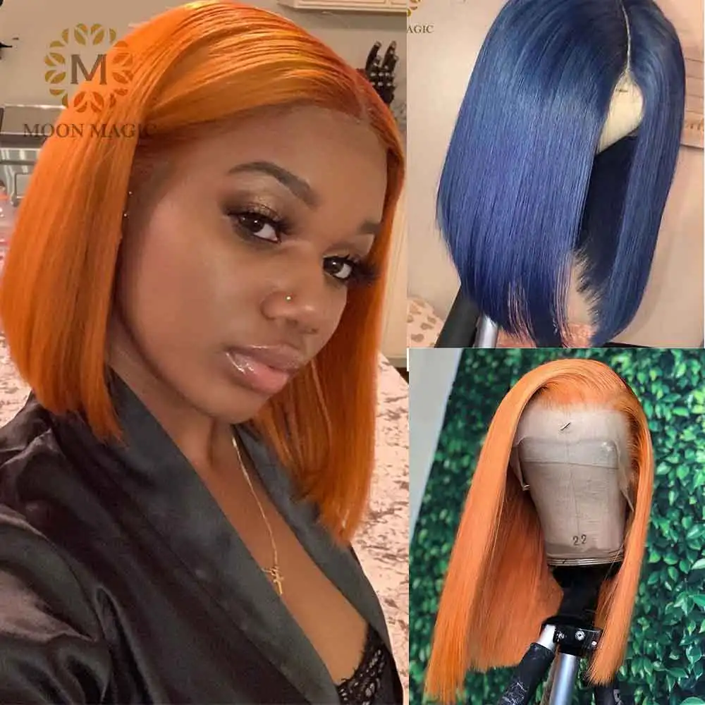 Синий парик цветные парики короткий оранжевый имбирь прямые из человеческих