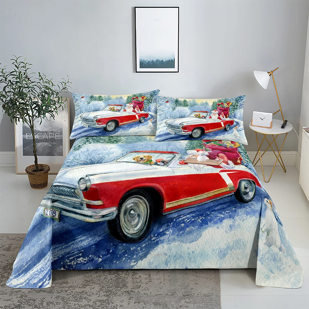 

Christmas Car 0.9/1.2/1.5/1.8/2.0m Digital Printing Polyester Bed Flat Sheet With Pillowcase Print Bedding Set
