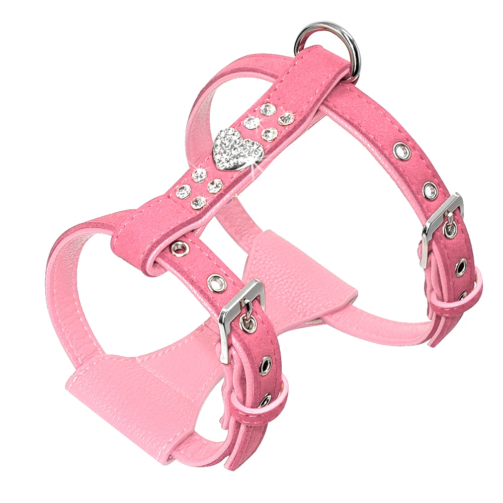 Pink Замшевый кожаный поводок для собак и щенков с блестящими сердечками Стразы для безопасности собаки поводок для прогулки жилет PH016 - Цвет: Pink