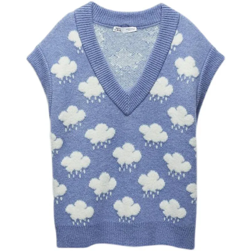 

V-neck Cloud Jacquard Design Knitted Vests Spring Vintage Solid All Match Sweater Vest Women 2021 French Sweet Preppy Style