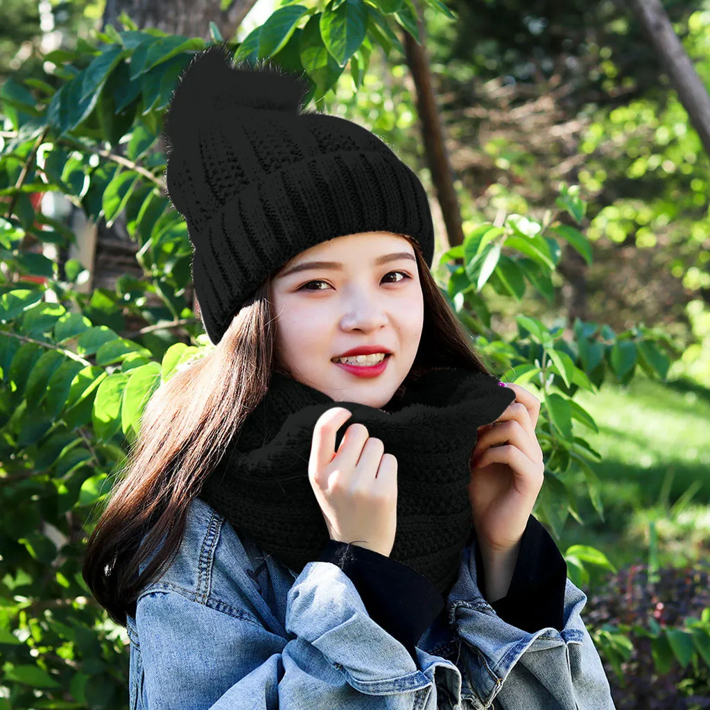 Зимняя Лыжная Мода пушистый помпон шерстяная теплая шапка для женщин 2 шт костюм