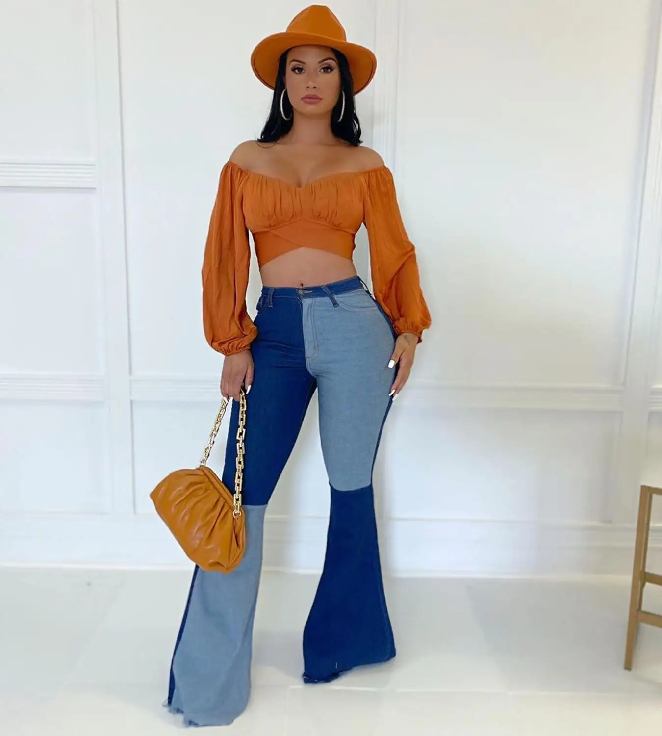 

Casual Color Patchwork Denim Jeans Pencil Jeans Flare Pants High Waist Streetwear Sweatpants Long Trousers Waist Jeans For Women