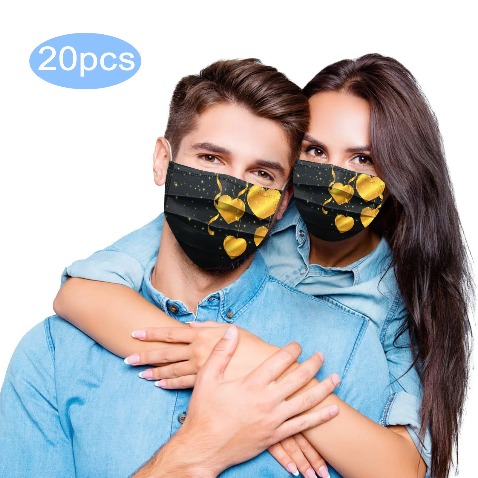 

20pcs Black Mask For Face Adult Disposable Mask Valentine's Day Printing Protective Masque Noir Halloween Cosplay Navidad