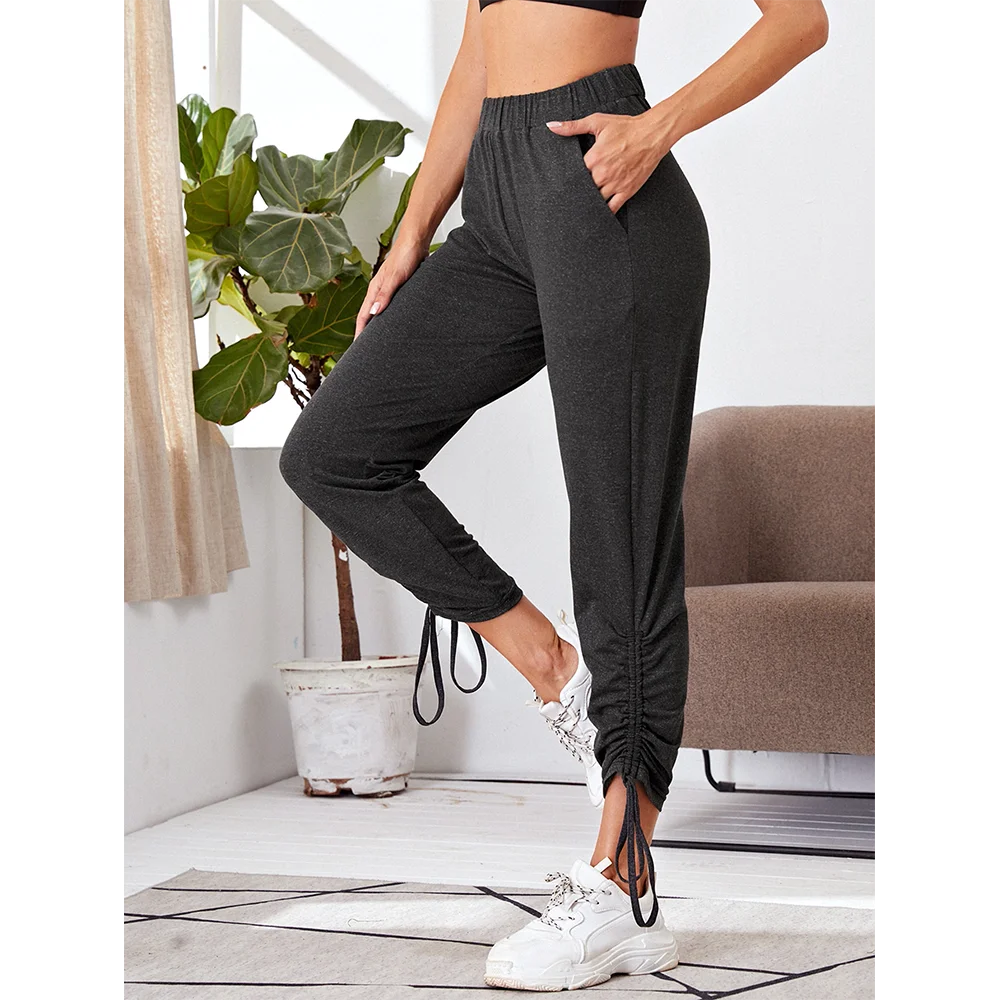 

High-Waist Drawstring Thin Leggings Running Sports Pants Workout Sport Joggers Pants with Two Side Pocket Naked-feel Fabric