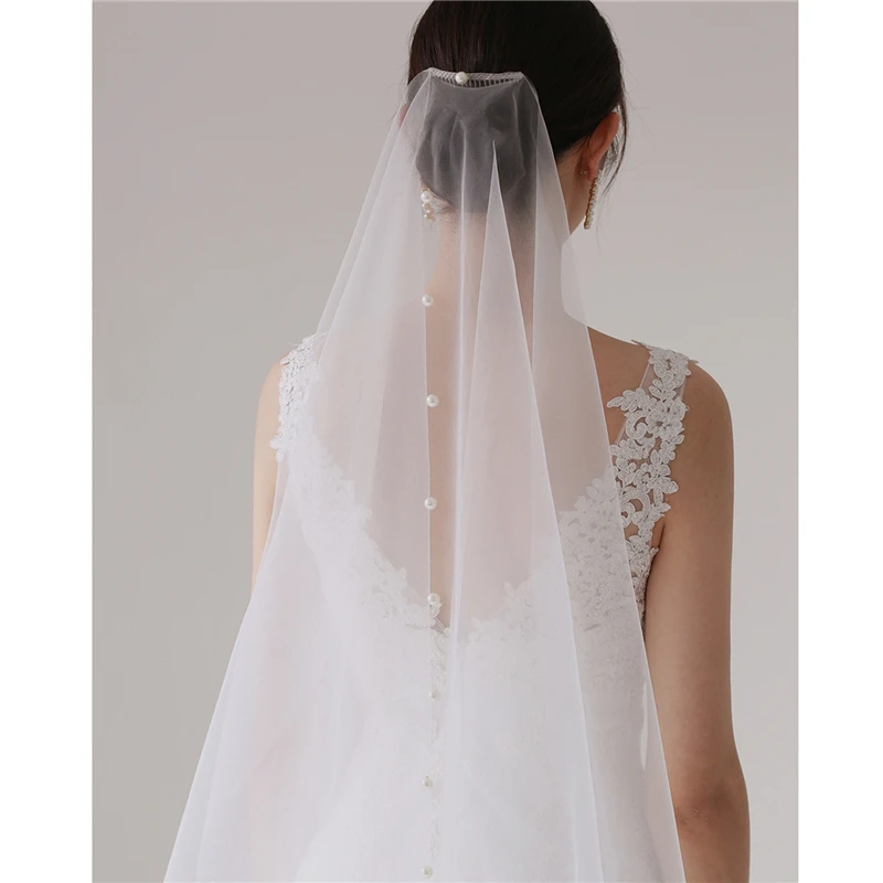 

Real Photos Bridal Veils Pearls with Comb Tulle Wedding Accessories White Ivory Cathedral Long Veils for Brides one Two Layers
