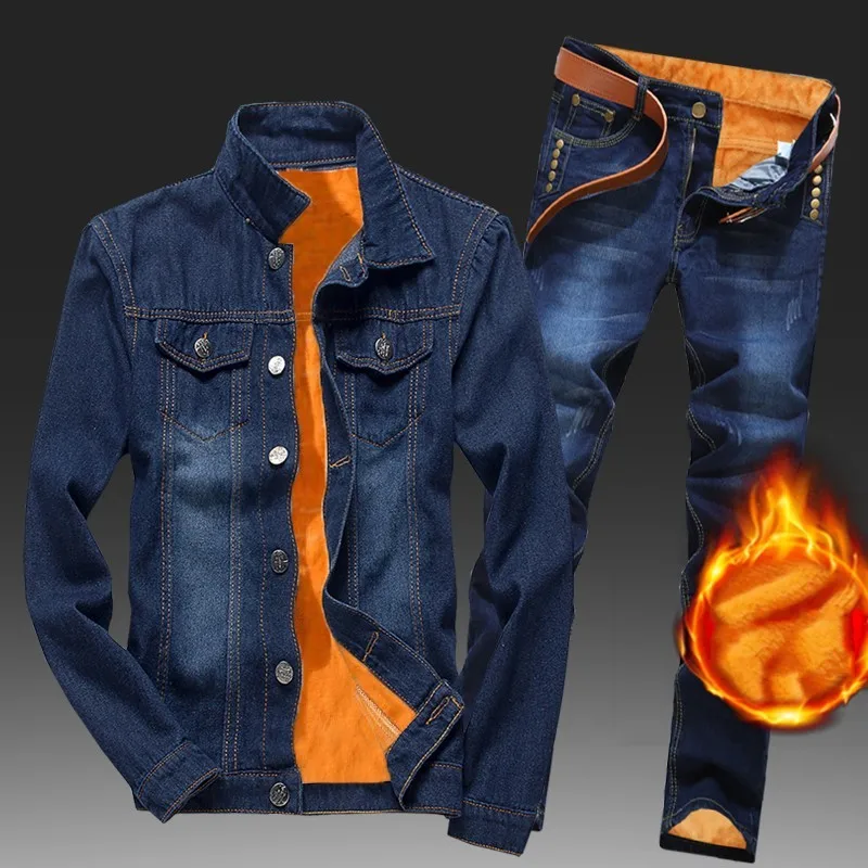 Мужской теплый джинсовый костюм из двух предметов с флисовой подкладкой