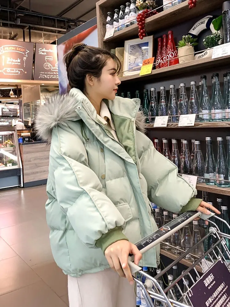 2021 New Winter Cotton Jacket Women Short Cotton Padded Parka Big Fur Collar Loose Bread Warm Coat Korean Solid Color Outerwear