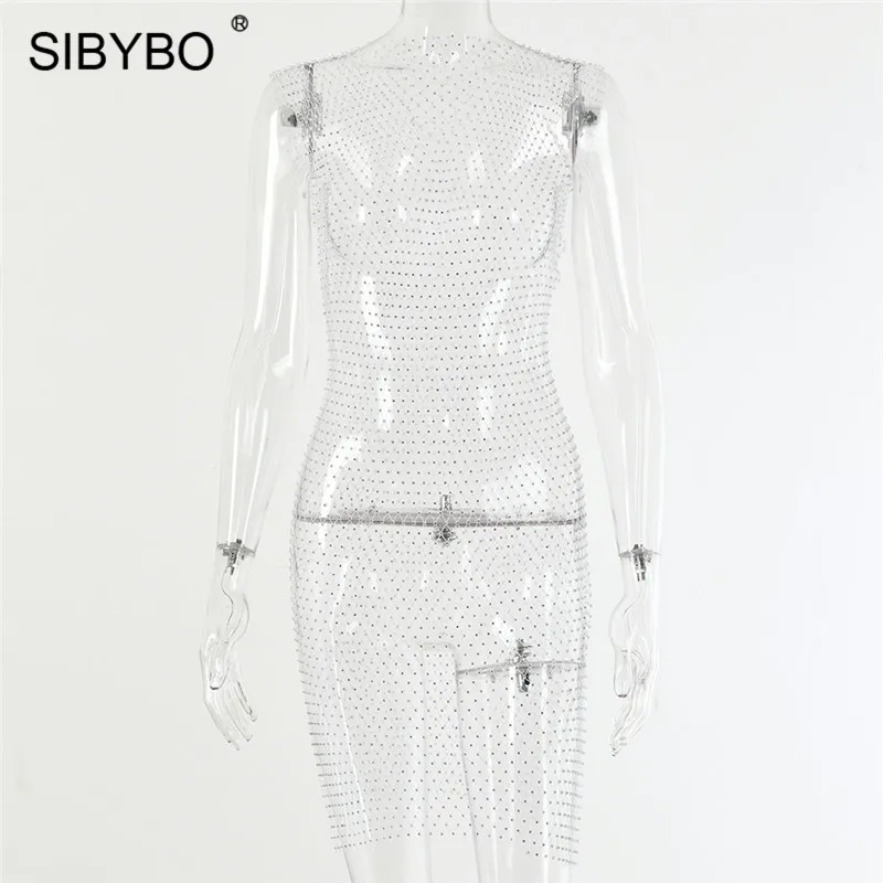White Short SIBYBO/сексуальное летнее пляжное платье в сеточку, украшенное бриллиантами, женское облегающее платье без рукавов, вечерние женские платья для ночного клуба - Цвет: White Short