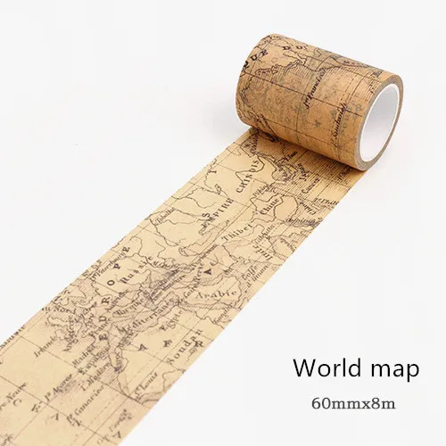 World map 60mm Ретро набор декоративного скотча Васи, винтажное украшение, скрапбукинг, маскировка, умывальник, декоративные, для мытья, пули, журнал, wasi decorada, наклейки - Цвет: World map 60mm