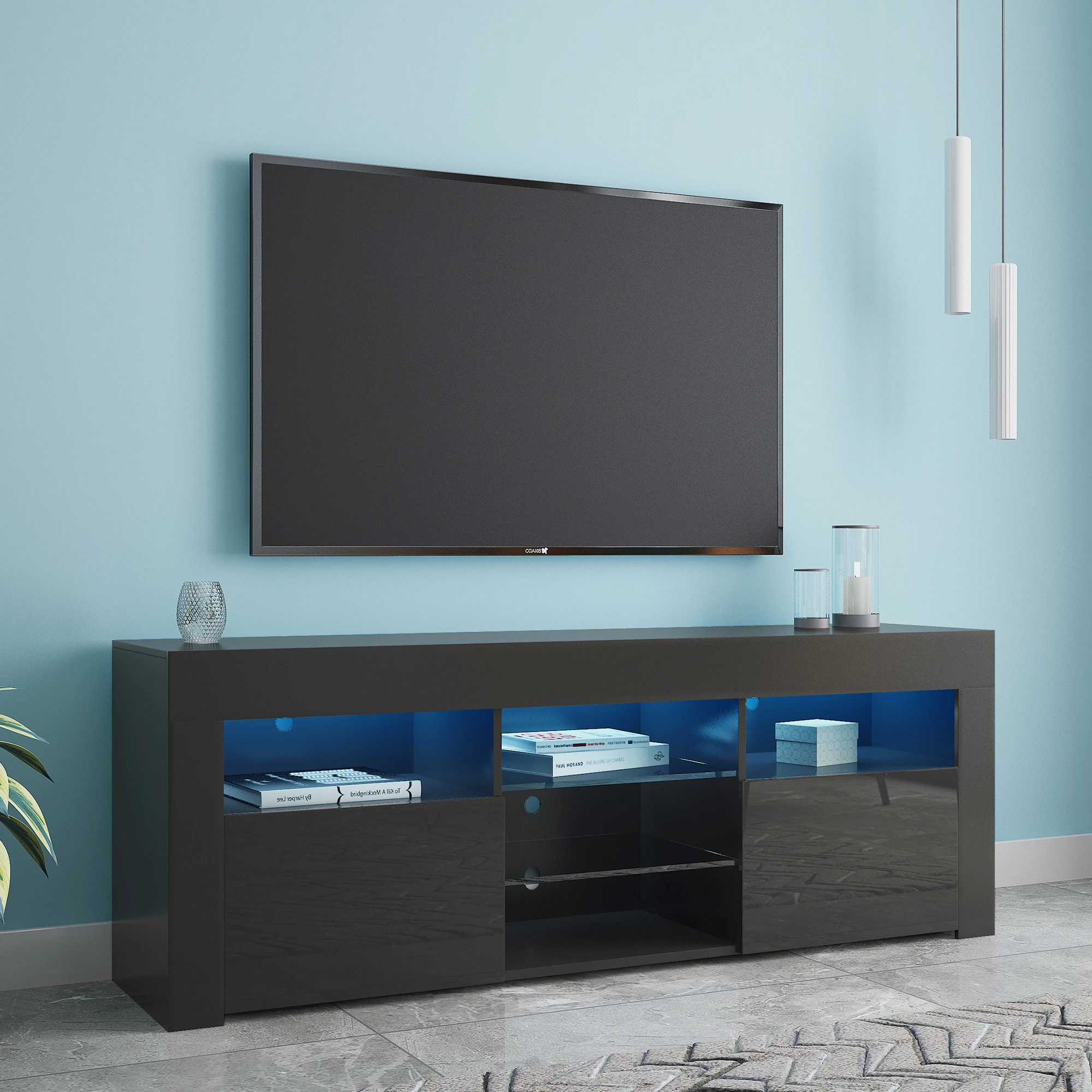 

145 Modern 57" TV Stand TV CabinetMatte Body High Gloss Fronts with 16 Color LEDs Black For Home Living Room