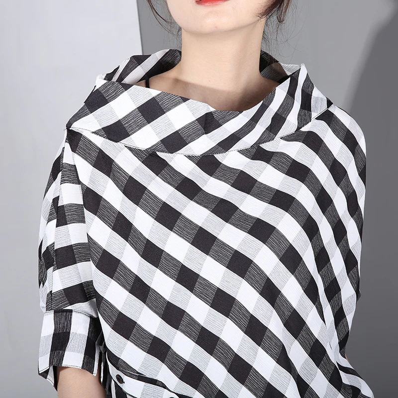 Женская Асимметричная рубашка EAM черная клетчатая блузка большого размера с