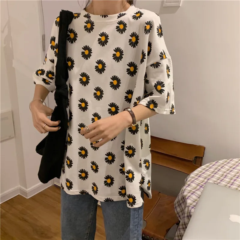 Harajuku Short Sleeve Women'S T-Shirt 2021 Summer Clothes For Girls Korean Style Oversized Flowers Print Top Female топы