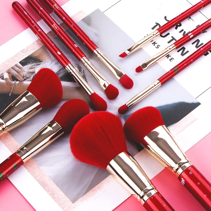 

10Pcs Christmas Makeup Brushes Set Professional Bright Red Beauty Tool Shadow Makeup Brush