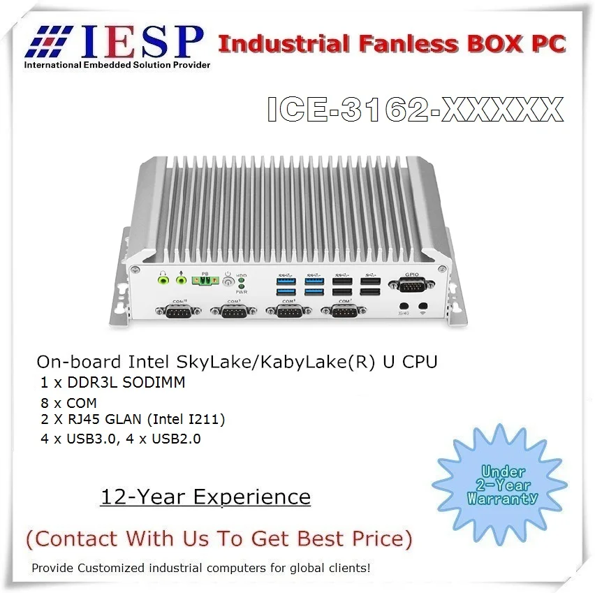 

Industrial Fanless Box PC, 10*COM, 8*USB, 2*I211 GLAN, Core i3-5005U, 8GB RAM, 256GB SSD, Rugged l computer