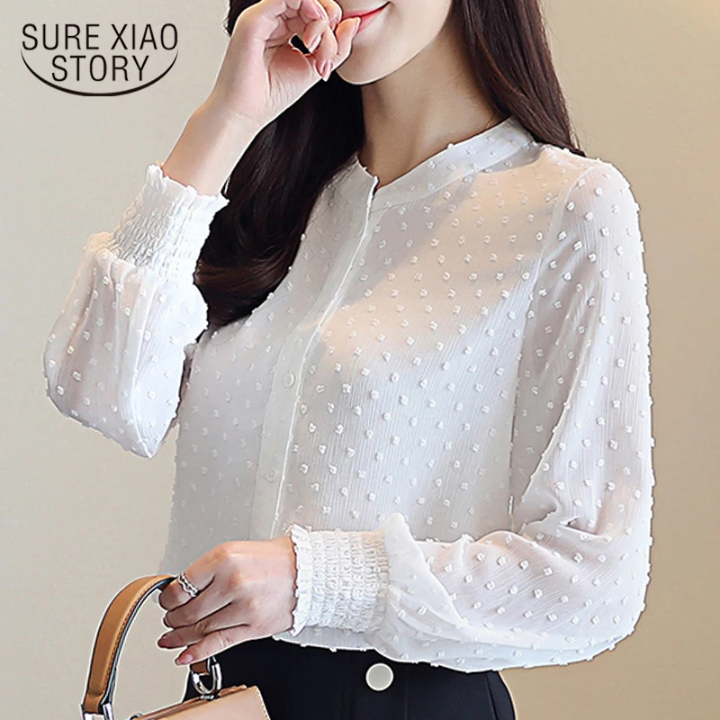 

2021 New arrived women shirt sweet female V collar wave point long-sleeved suntan women blouse Korean style OL blusa 0974 30
