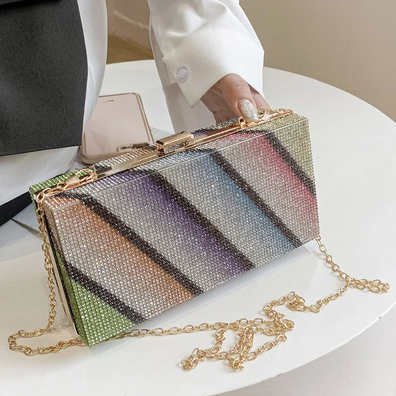 

Роскошные сумки для женщин, квадратная сумка с кристаллами и стразами, ручная сумка, тонкая сумка через плечо с металлической цепочкой, женс...
