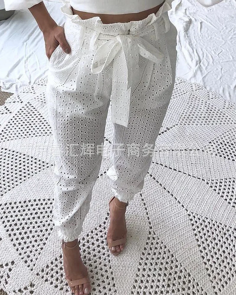 

White Hollow Lace Trousers-Belted joggers women sweat pants plaid pants stacked sweatpants brown patchwork jeans