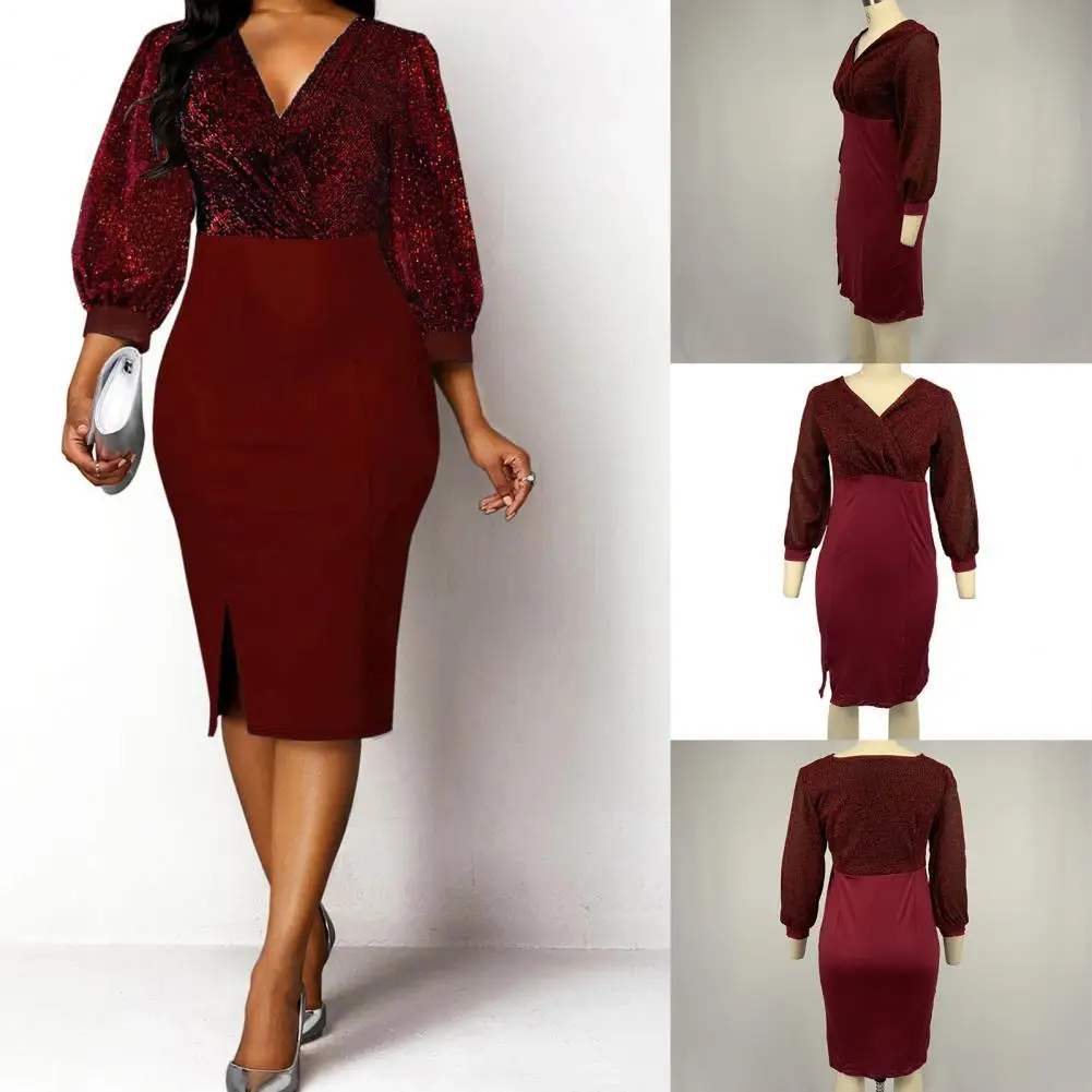 

Платье женское осеннее блестящее с разрезом и высокой талией