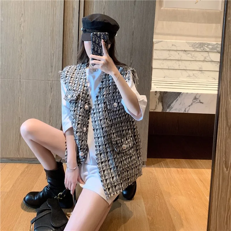 Женский жилет с узором ромбиками однобортный Тонкий твидовый Свободный без