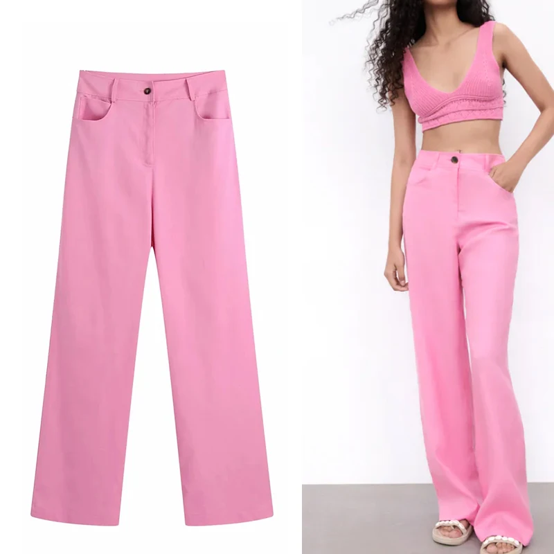 

TRAF High Waist Pants Za 2021 Wide Leg Trousers Women Linen Pink Pants Woman Fashion Streetwear Pants Women's Summer Trousers