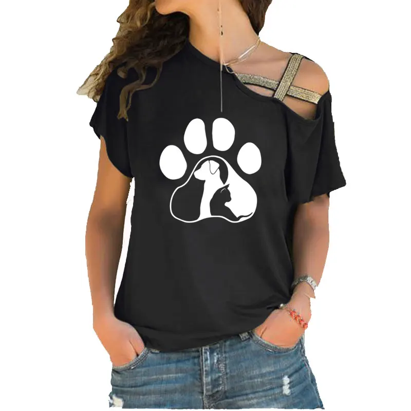 

Dog Cat Love Animal Funny Cartoon Print T Shirt Short Sleeve Tshirt Summer Women Irregular Skew Cross Bandage cotton tee tops