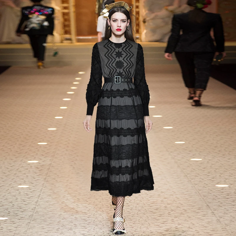 

2021NEW Spring/Summer Round Neck Lantern Long Sleeve Dress, Lace Mesh Heavy Industry Embroidery, Perspective Lace Up Dress