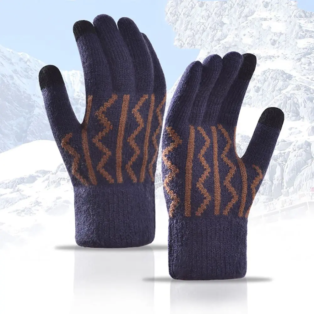 

New Autumn Winter Knitted Gloves Touch Screen Elastic Gloves Jacquard Stripe Windproof Warm Plush Outdoor Mittens for Men