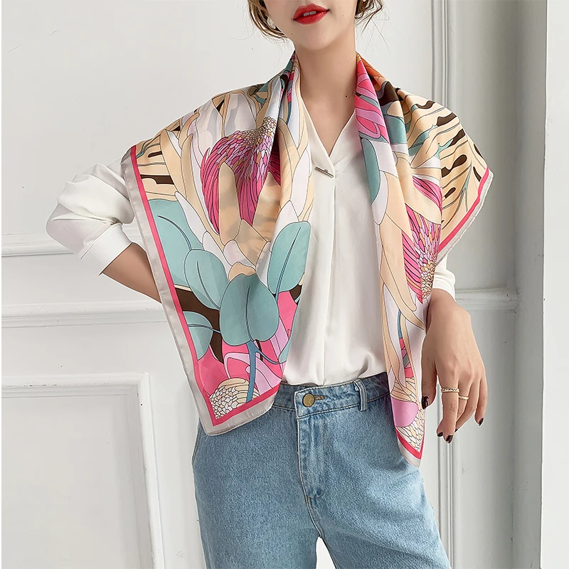 Элегантная женская Бандана с цветочным принтом 90x90 см квадратный шарф из