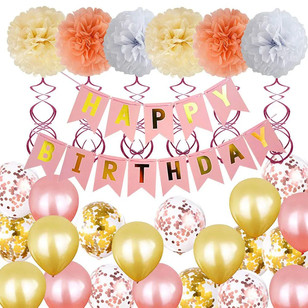 

Happy Birthday Party Balloons Banner Hanging Garland And Pom Poms Swirl Streamers For Birthday Kids Baby Shower Party Decoration