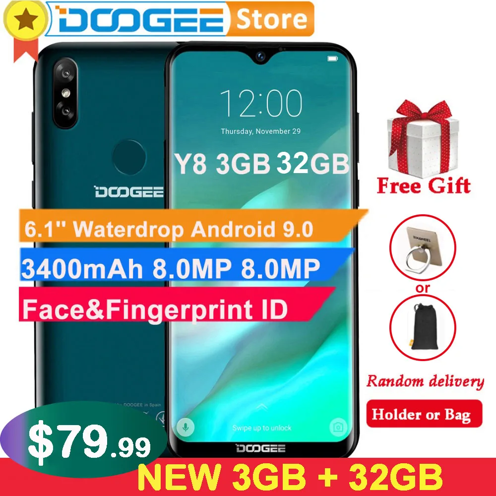Doogee Y8 3 ГБ 32 Android 9 0 мобильный телефон 6 1 &quotFHD 19:9 дисплей 3400 мАч MTK6739 разблокировка