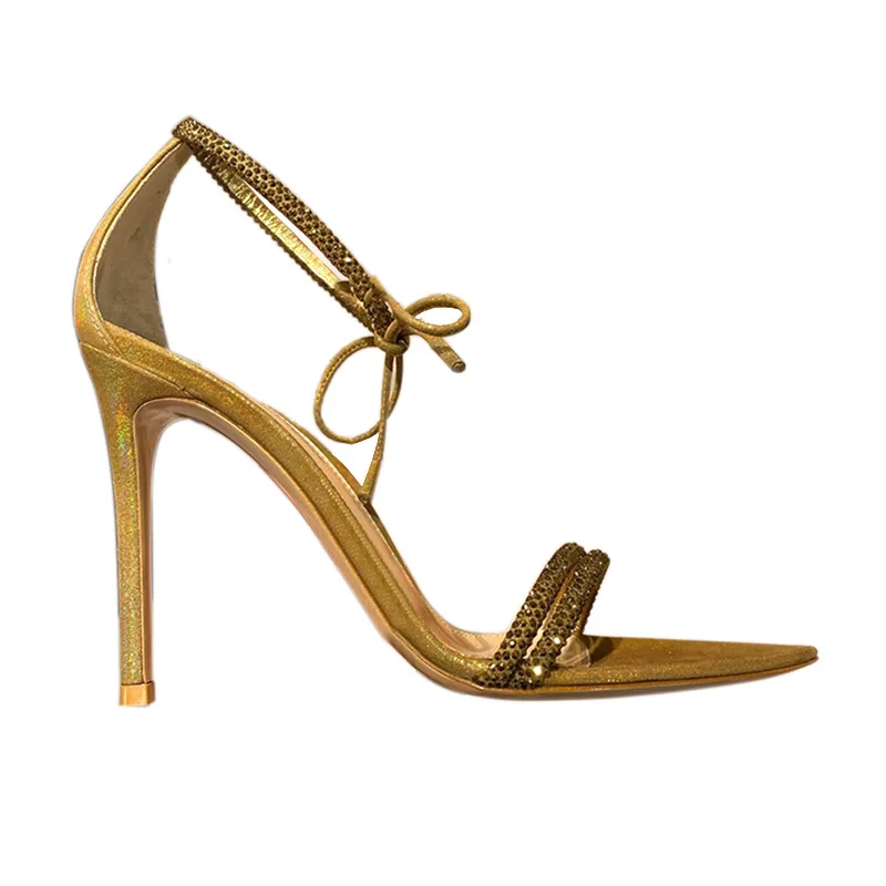 

Summer 2020 golden dress sandals women's thin heel pointed toe with high heels sexy rhinestone