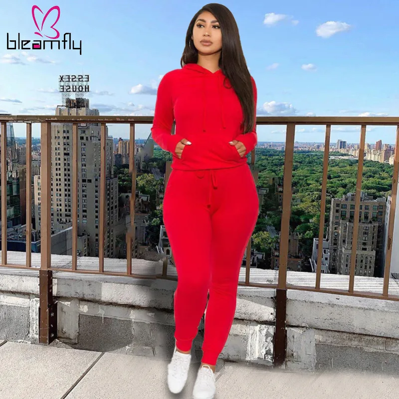 Красный женский спортивный костюм из двух частей осень 2019 толстовка с капюшоном