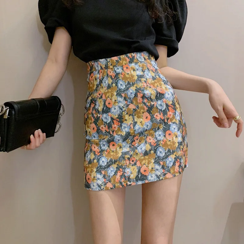 

Women Floral Printed Shirts Vintage High Waist Bodycon Shirts Female Casual Summer Skirts