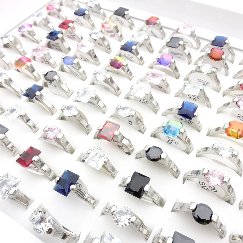 MixMax 20pcs Mens Womens Rings Stainless Steel Mix Colors Zircon Stone Fashion Jewelry Party Gifts Wholesale Bulk Lot