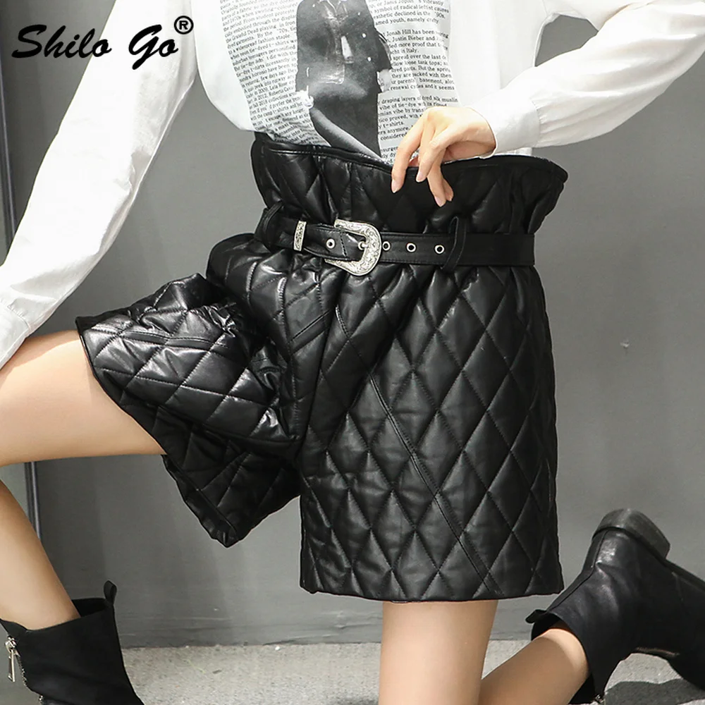 

Ruffles Detail Buckle Belted Thermal Padded Wide Leg Hot Shorts Womens High Waist Solid Genuine Leather Casual Sheepskin Shorts