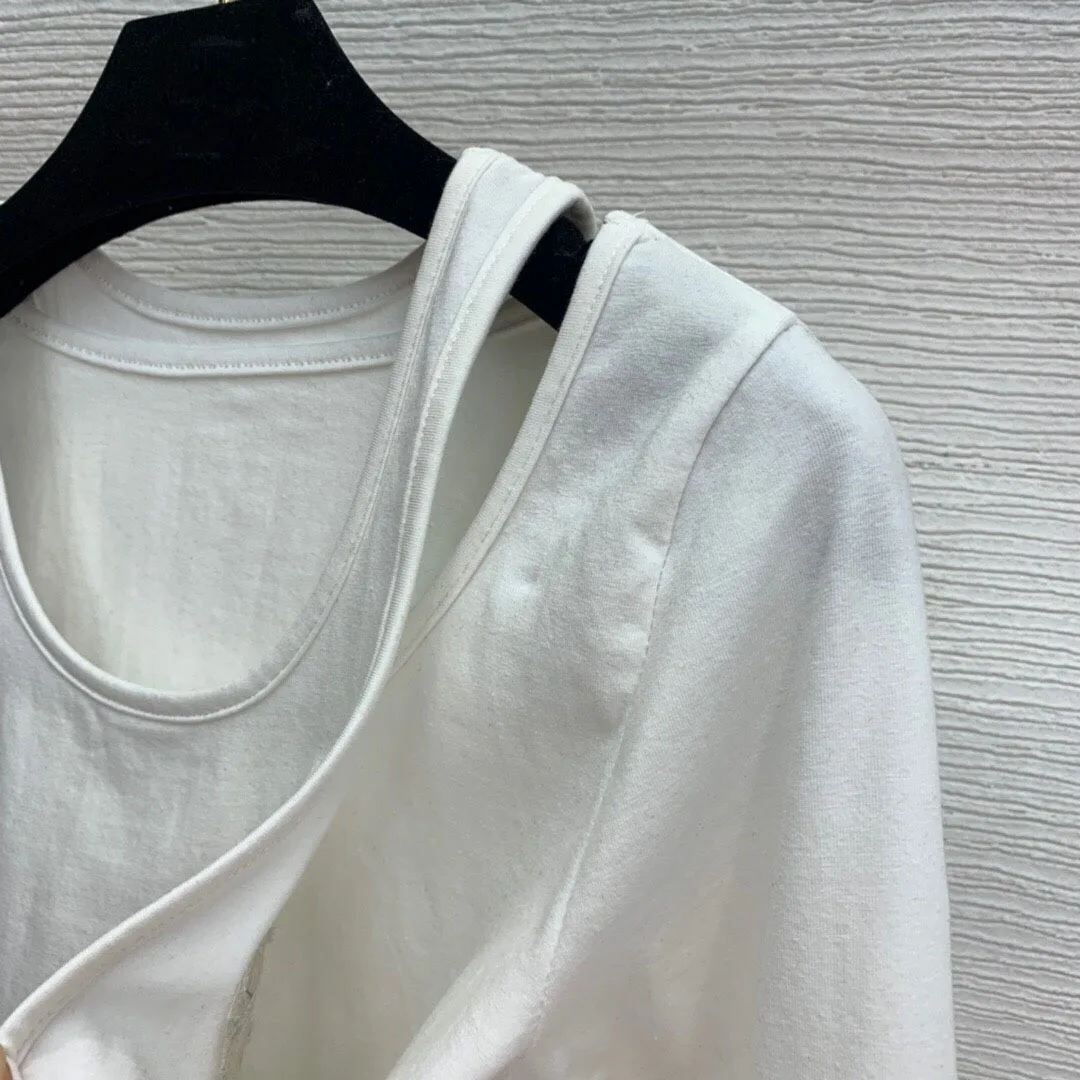

Hoge Kwaliteit Vrouwen Cross Lederen Geborduurde Metalen Decoratie Nep Twee Lange Mouwen T-shirt Lichaam Top