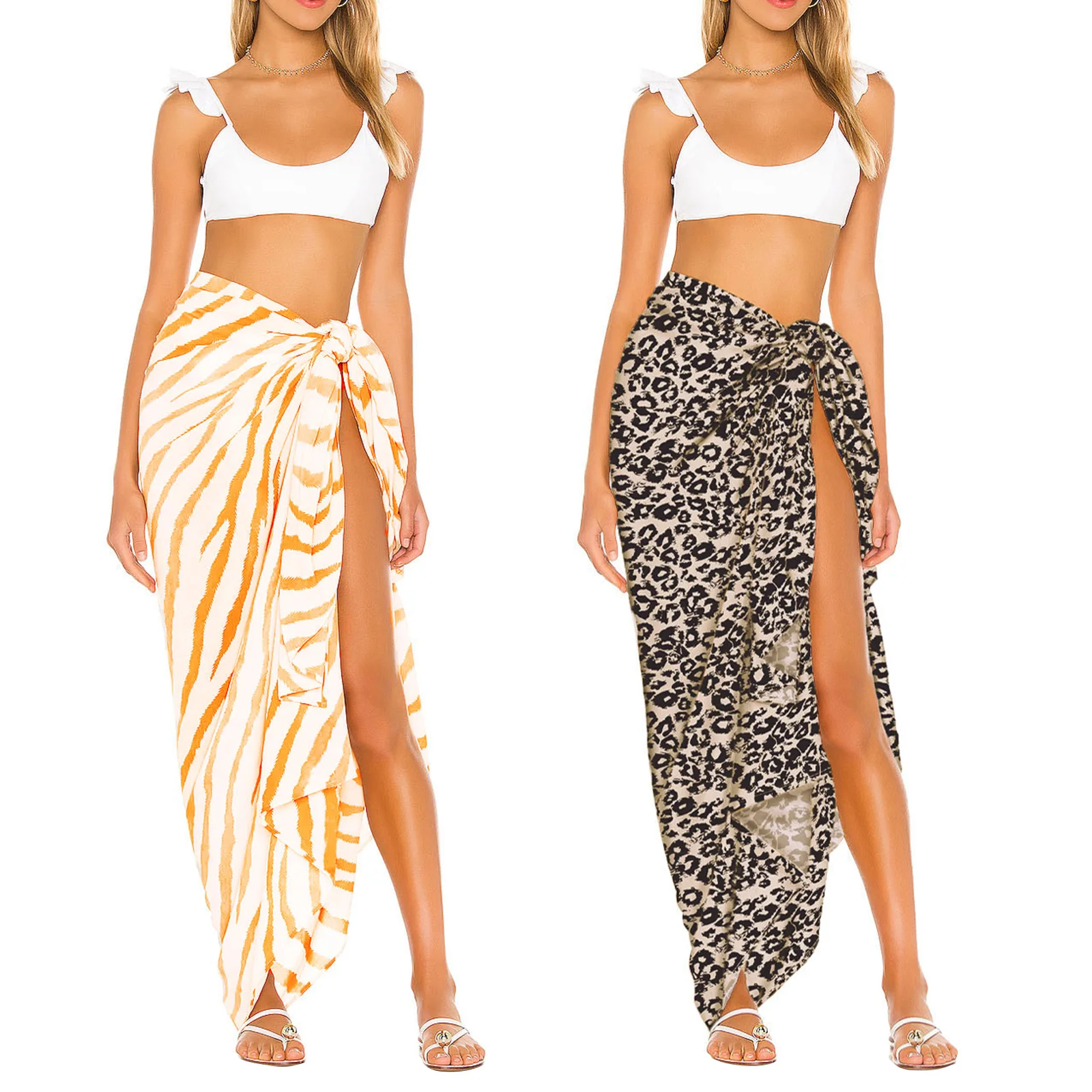 

Women Summer Beach Skirt Stripe/Leopard Print Knotted Sarong Bikini Cover-Ups Sun-Proof Swimsuit Cover for Female Chiffon Skirt