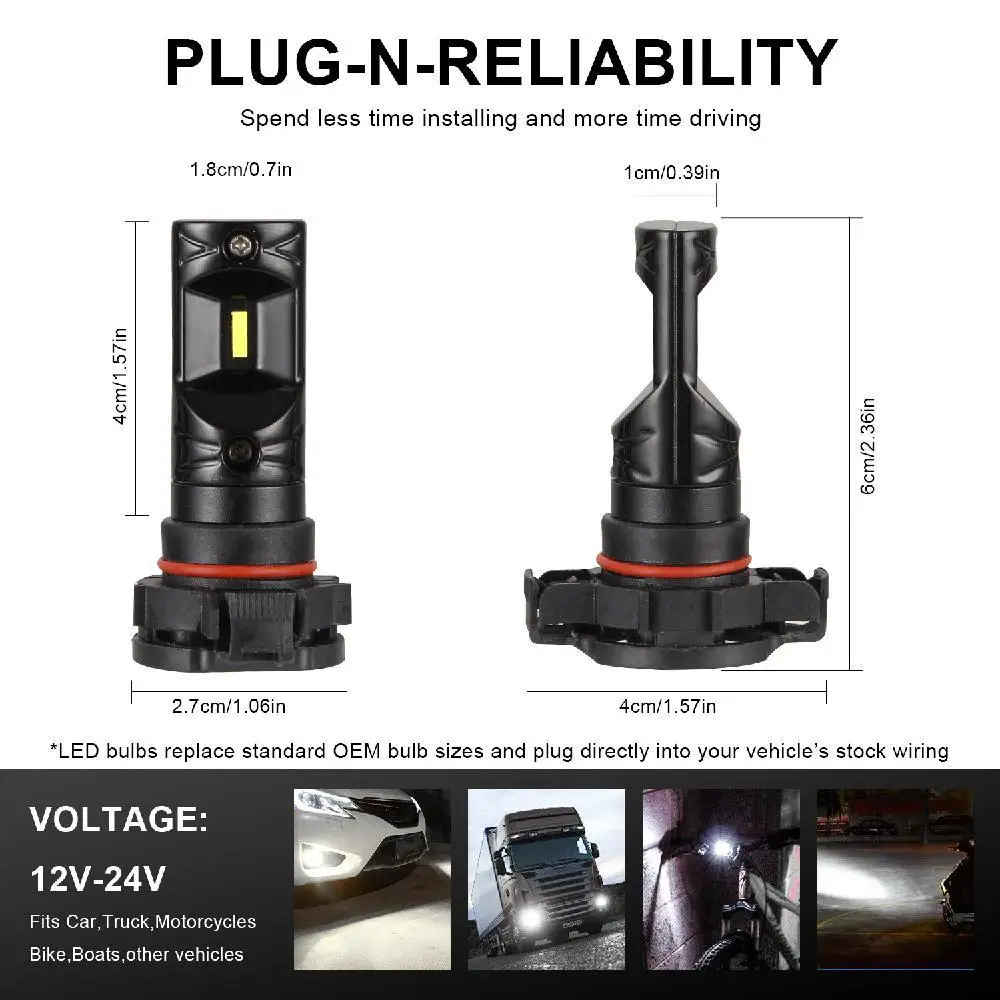 

2PCS LED Car Lights 12-24V 5202/H16 80W 6500K LED Fog Light Bulbs High Power Headlight Bulb Universal