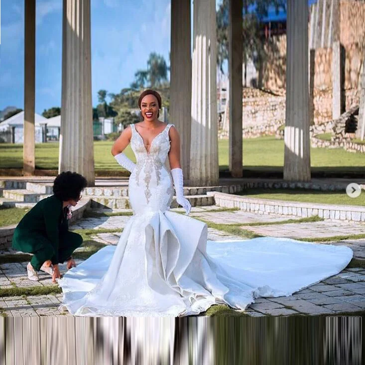

New Mermaid African Wedding Gowns Plus Size Bridal Dresses Gowns robe de mariee Custom Made Bridal Dress Pleats vestido de noiva