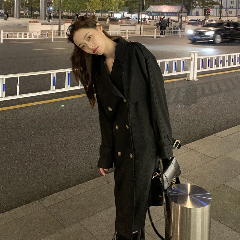 

2Colors casual solid color double breasted outwear sashes office coat korean style Long design long trench coats womens (C2972